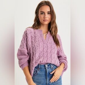 Lulu's Lavender Cable Knit V-Neck Sweater M Medium